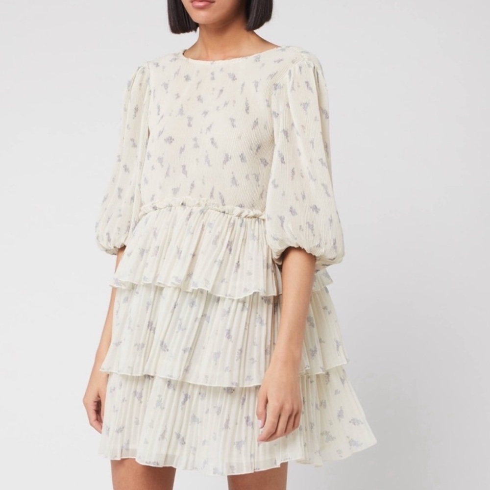 Ganni Women's Floral Pleated Georgette Mini Dress - Egret sz 42/12 US